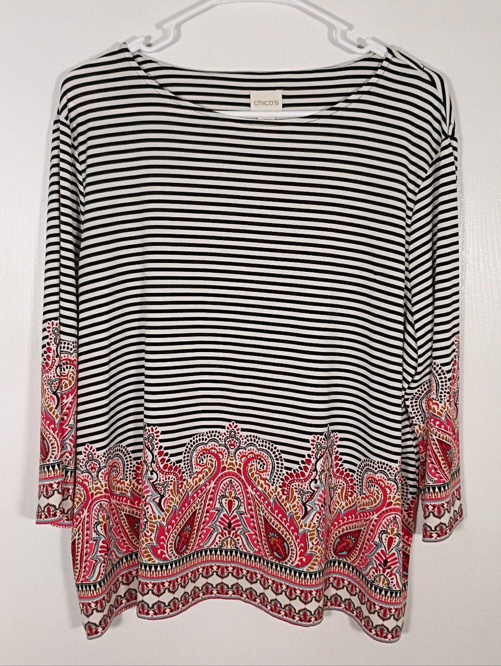 Chico’s 3 Petite Striped Paisley 3/4 Sleeve Top Blouse Stretch Business Casual